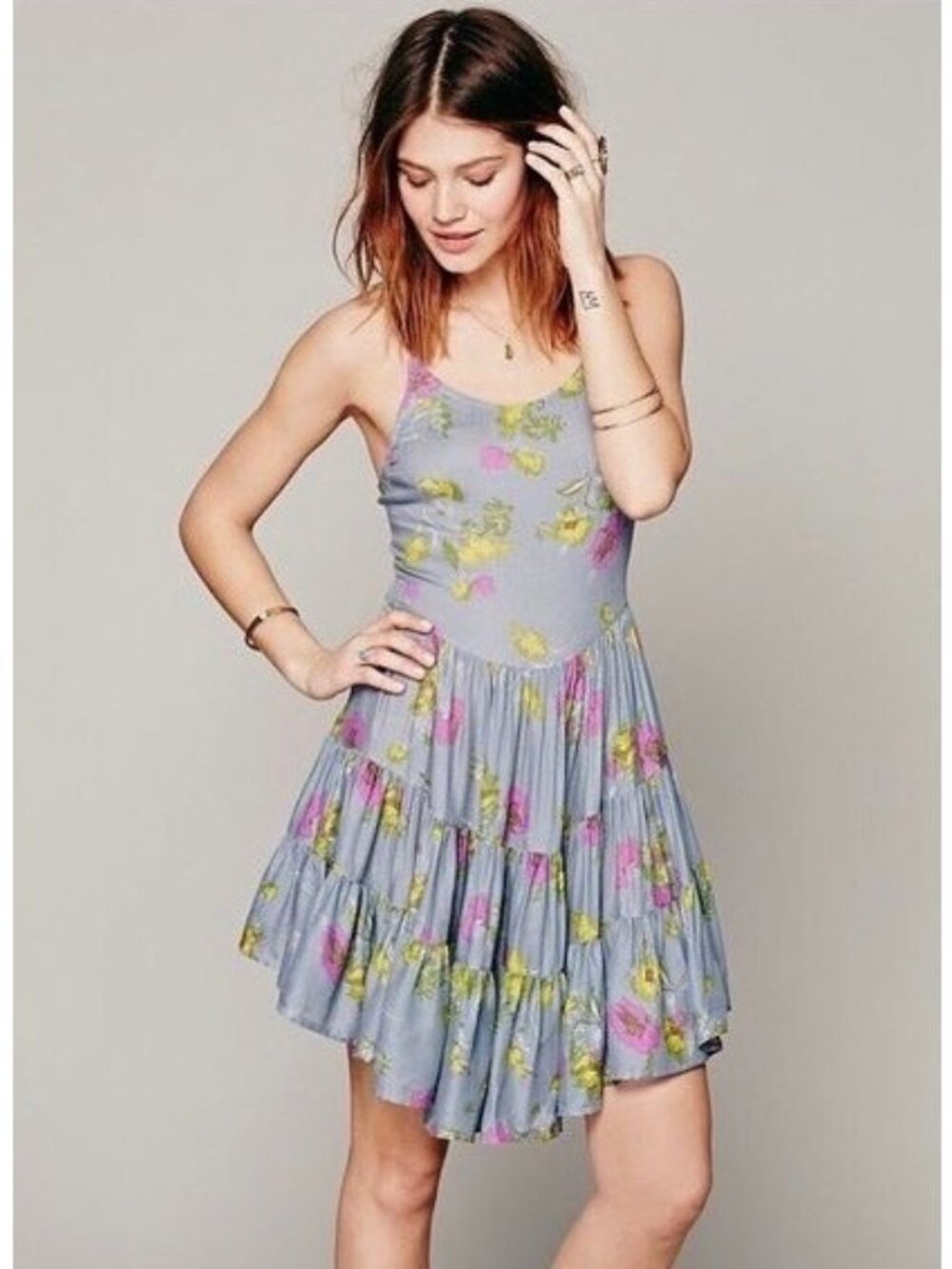 Free People Floral Strappy Lace Up Back Ruffle Hem Mini Dress S| Balletcore Boho - Picture 2 of 16